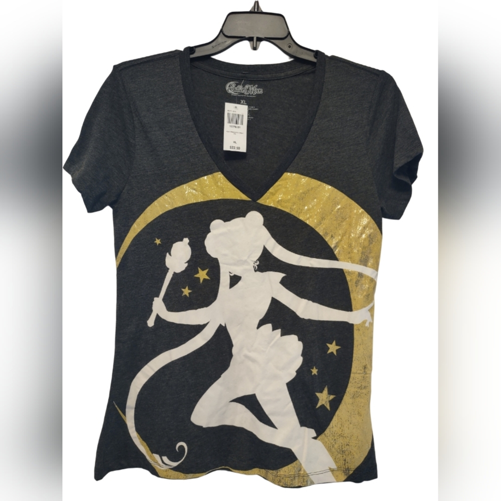 Hot Topic Sailor Moon Bioworld Charcoal and Gold Graphic V-Neck Tee NWT XL